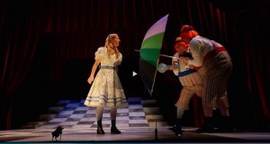 Gwendolyn Collins as Alice, Tristan Carlucci as Tweedledum, and Aaron Pridham as Tweedledee in Alice Through the Looking-Glass. (Photo courtesy Royal Manitoba Theatre Centre)